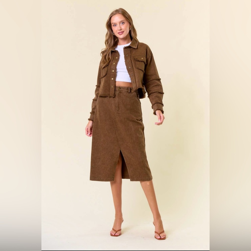 NWT Iris Brown Twill Midi Skirt Set|Cropped Jacket+Front Slit Skirt|100% Cotton - Picture 3 of 10